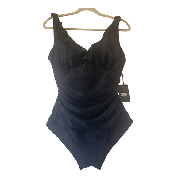 DKNY Black Ruffle Plunge Underwire Tummy Control 50 UPF One Piece Swimsuit NWT - Picture 1 of 7